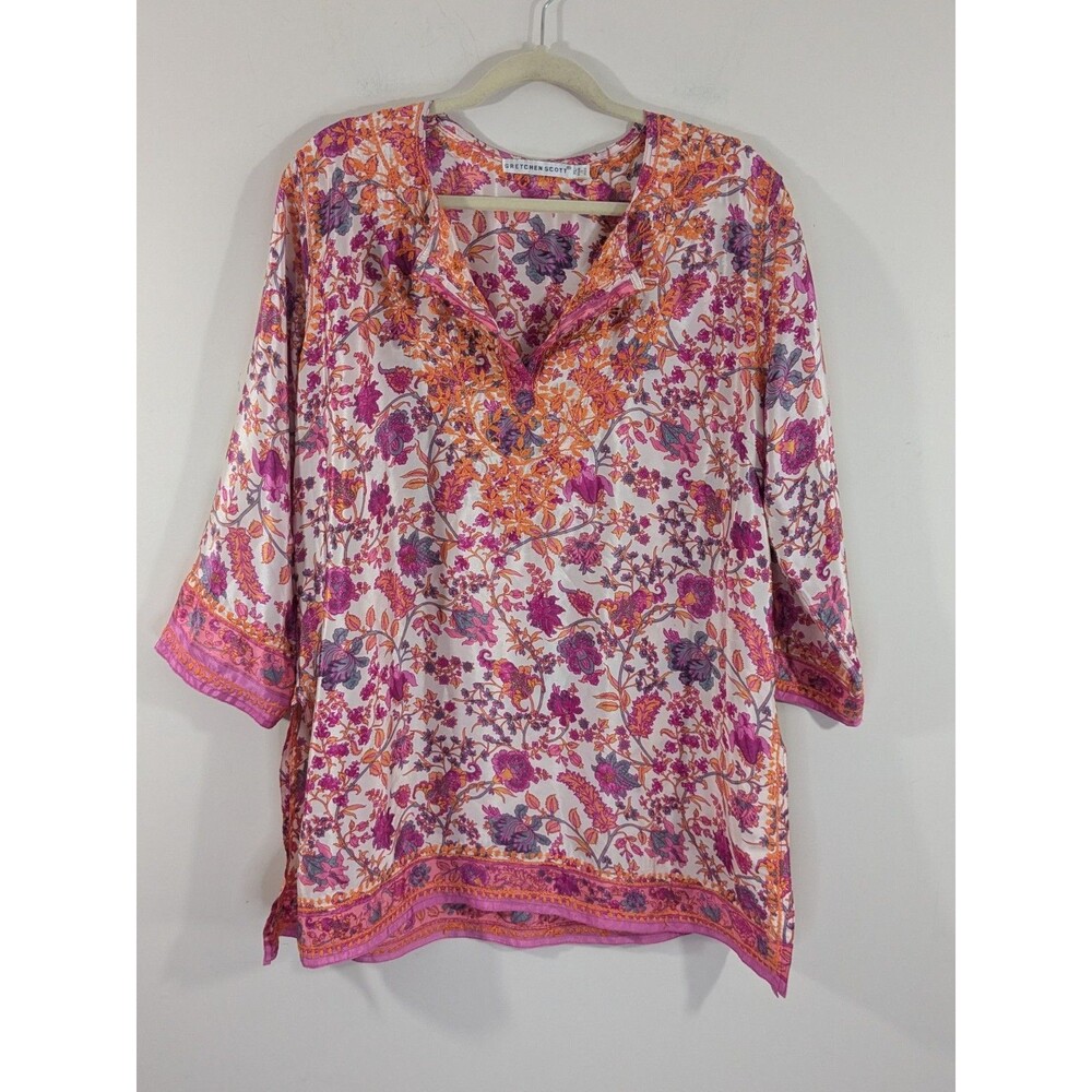 Gretchen Scott Pink/Orange Embroidered V-Neck Tunic 3/4 Slv Pullover XL Silky